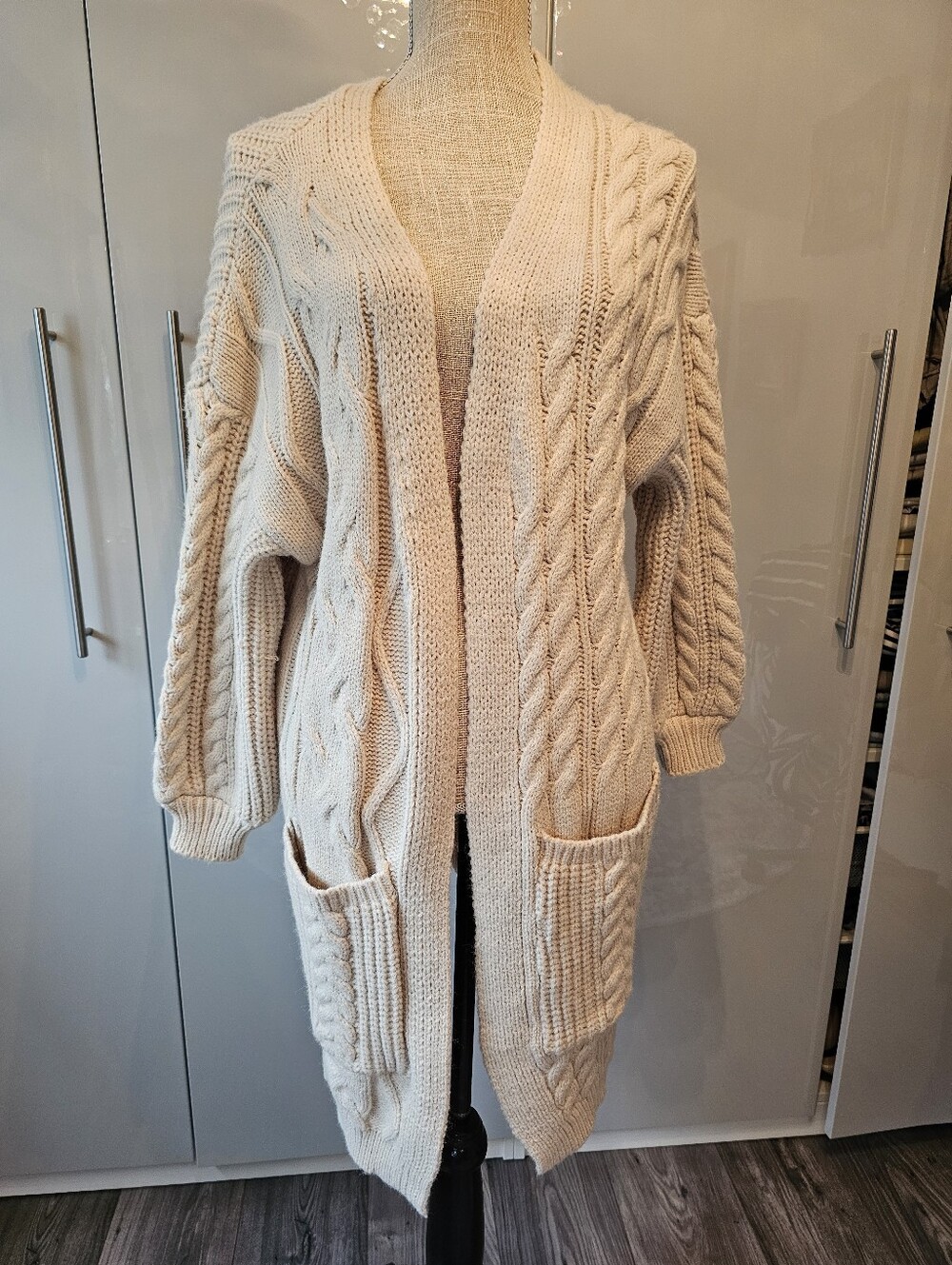 Cream Cable Knit Open-Front Women's Cardigan Sweater.Large